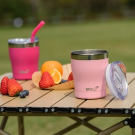 Mollcity Kids Tumbler with Straw-2 Pack 9 oz Tumbler Stainless Steel Double Wall Vacuum Insulated Cup with Spill Proof Lid, Kids Smoothie Cup Sweat-Free Pink/Rose Red