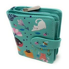 Shag Wear Cats in the Garden Small Animal Wallet for Women and Teen Girls Vegan Faux Leather 4.5" Teal