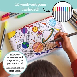 eatsleepdoodle Solar System Pencil Case for Kids w/ 10pk Washable Markers - 8.5x6in Coloring Space Pencil Pouch - Ultra Washable & Reusable Arts and Crafts for Kids