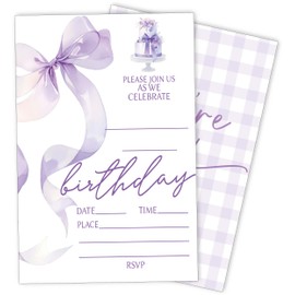 Eronm Purlpe Bow Birthday Party Invitations- 20 Pack Girls Birthday Invite with Envelopes- Cute Birthday Party Invitation Cards for Kids- Party Decorations Supplies (4''x6'')-A08