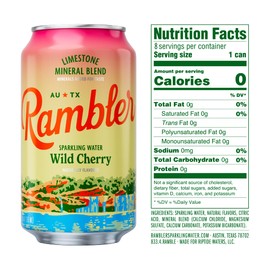 AUTX RAMBLER Sparkling Water, Limestone Mineral Blend, Wild Cherry Flavor, 12-Ounce Cans, 12-Pack