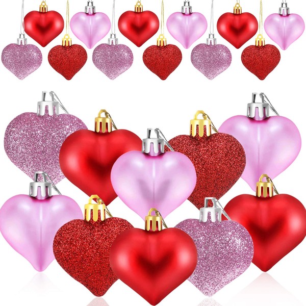 HOWAF 24 Pieces Valentine's Day Heart Baubles Ornaments Christmas Tree Baubles Heart Shaped Decoration Baubles for Valentine's Day Decoration, Glossy and Glitter, Red, Pink