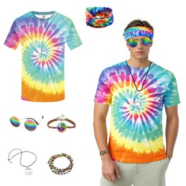 6-piece hippie costume men, 60s 70s outfit men's with colourful T-shirt, peace necklace, hippie sunglasses, headband, bracelet, necklace, for all types of festive gatherings