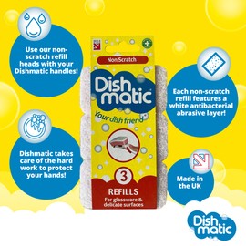 Dishmatic White Non-Scratch Washing-Up Sponge Refill Heads with Antibacterial Abrasive – Kitchen Washing-Up Handle Refills – Pack of 3