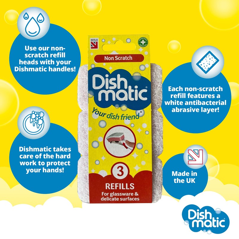 Dishmatic White Non-Scratch Washing-Up Sponge Refill Heads with Antibacterial Abrasive