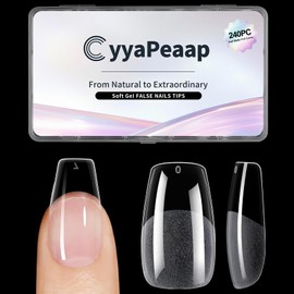 CyyaPeaap Medium Coffin Nail Tips, 240Pcs Acrylic Soft Nails Gel Fake Tips, Half Matte Full Cover Clear Press on Nails for Nail Extension, Manicure, Home DIY, Salon, 12 Sizes, Gelly Nail Tips