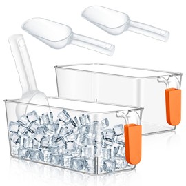 Havawish Ice Storage Bin and Flexible Scoop Set Plastic Freezer Bin with Pull out Handle Storage Bucket Clear for Container with Scoop(Orange,10.83 x 4.92 x 4.33 in,Classic)