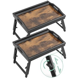 2 Pack Bed Tray Table Breakfast Trays Serving Tray Adjustable Height for Eating Bamboo Bed Laptap Floding Legs with Handles and Phone Holders