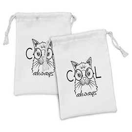 Lunarable Cat Fabric Pouch Set of 2, Cool Smart Fashion Kitty Image in Big Glasses Hipster Pet Animal Satire Sketch, Small Drawstring Bag for Toiletries Masks and Favors, 9" x 6", Black White