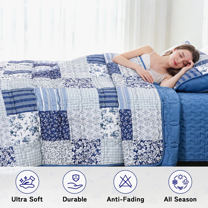 Full Queen Size Quilt Set Blue Floral Bedding Set 3-Piece
