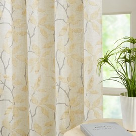 ZJDECOR 63 Inches Yellow Leaf Curtains with Grey Branches for Bedroom Living Room,Farmhouse Linen Textured Drapes with Functional Tapes,Light Filteirng Window Treatment,Rod Pocket Back Tab,38"Wx63"Lx2