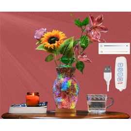 ZHIPINHUI 8-Inch Handcrafted Mosaic Cracked-Ice Vase Bedside Lamp with USB-Powered LED Wooden Base 10 Brightness Levels & 3 Color Temperatures,Art Decor Ruby Red Vase Night Light for Home