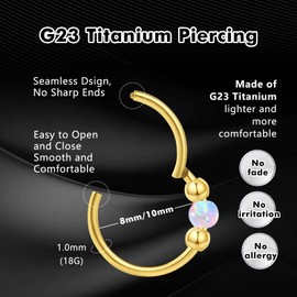 ESHIONER G23 Titanium Nose Piercing Ring Nose Ring Piercing Ear Septum Piercing Helix Ring Nostril Tragus Conch Clicker Lip Piercing 18G 8 mm / 10 mm Hypoallergenic White Blue Pink Opal Nose Rings for