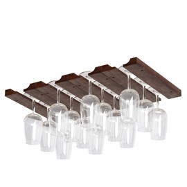 Rustic State Vigo 4 Sectional Adjustable Under Cabinet Stemware Rack - Hanging Wood Shelf Glassware Holder Bar Organizer with up to 12 Wine Glass Storage 11 Inch Deep - Chestnut
