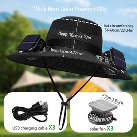 Solar Fan Hat for Men,Wide Brim Sun Hat with 3 Solar Fans,Neck Gaiter and Arm Sleeves,Fishing Hat with Solar Fans Built in,Outdoor Fishing Hiking Gardening Cool Hats Black