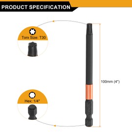 HARFINGTON 3pcs T30 Torx Head Screwdriver Bit 4" (100mm) Long 1/4" Hex Shank Magnetic No Hole Tamper Proof 6 Point Star Screw Driver Drill Bits Phosphate S2 Steel Industrial Power Tools
