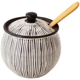 Sugar Pot Created by Mr. Coffee Shop, Konobiki Brush Line Carving Tokusa, Spoon, Hasami Ware, Risaemon Kiln, Miso, Miso, Condiment, Powdered Cheese Holder, Diameter 3.3 inches (8.5 cm), Sugar, 5.3 oz