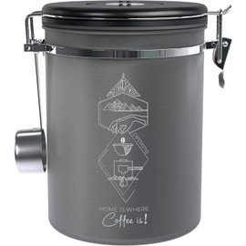 CafetastiQ Coffee Canister – Airtight Stainless Steel Storage Container with Date Tracker & Scoop, Sealed Jar for Grounds, Beans, Tea, Flour, Cereal, and Sugar (Gray Home, 22OZ)