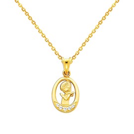 The World Jewelry Center 14k Real Yellow Gold CZ Prayer Pendant with 1.2mm Cable Chain Necklace - 22"