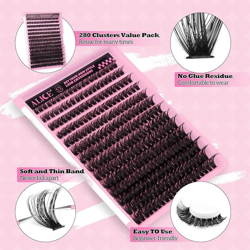 ALICE 280Pcs 위스피 개별 속눈썹 DIY 연장 8-16MM D-컬리 클러스터