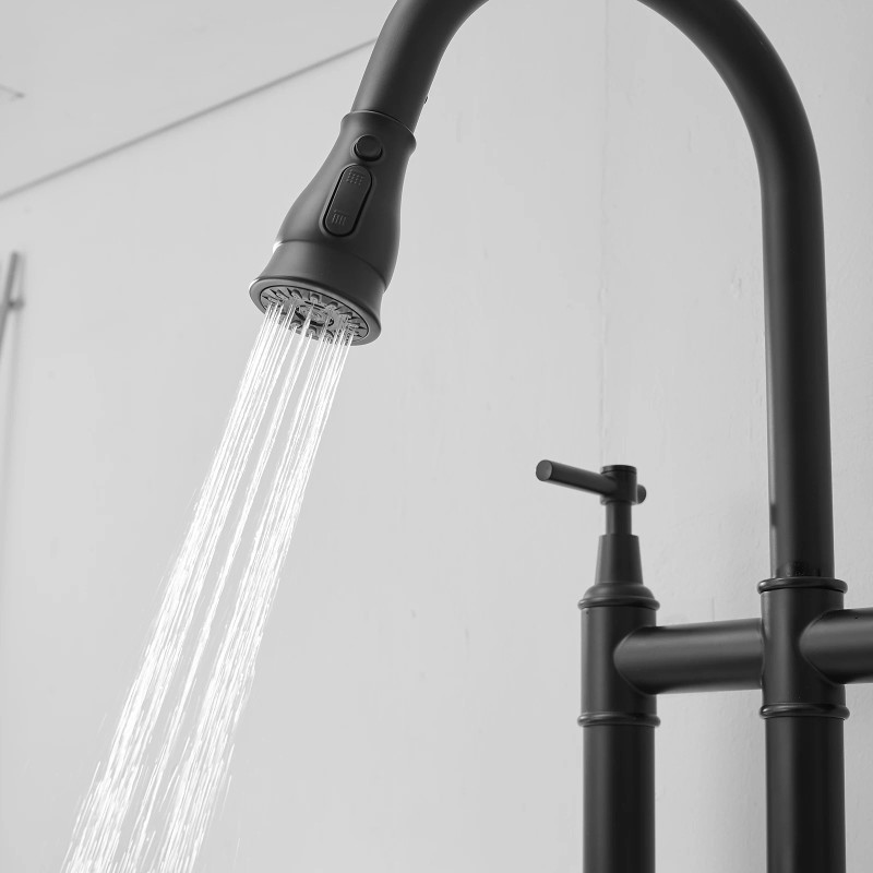 3-Hole Brushed Nickel Bridge Kitchen Faucet with Pull Out Sprayer