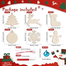 YUDAEE 156Pcs Wooden Christmas Decorations Wooden Christmas Ornaments Christmas Crafts for Kids Wooden Christmas Tree Decorations Wooden Baubles Twines Colorful Bells Pens for DIY Xmas Home Decor Tags