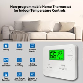 Non-Programmable Thermostats for Home Conventional Single-Stage Systems, up to 1 Heat/ 1 Cool Green Backlight