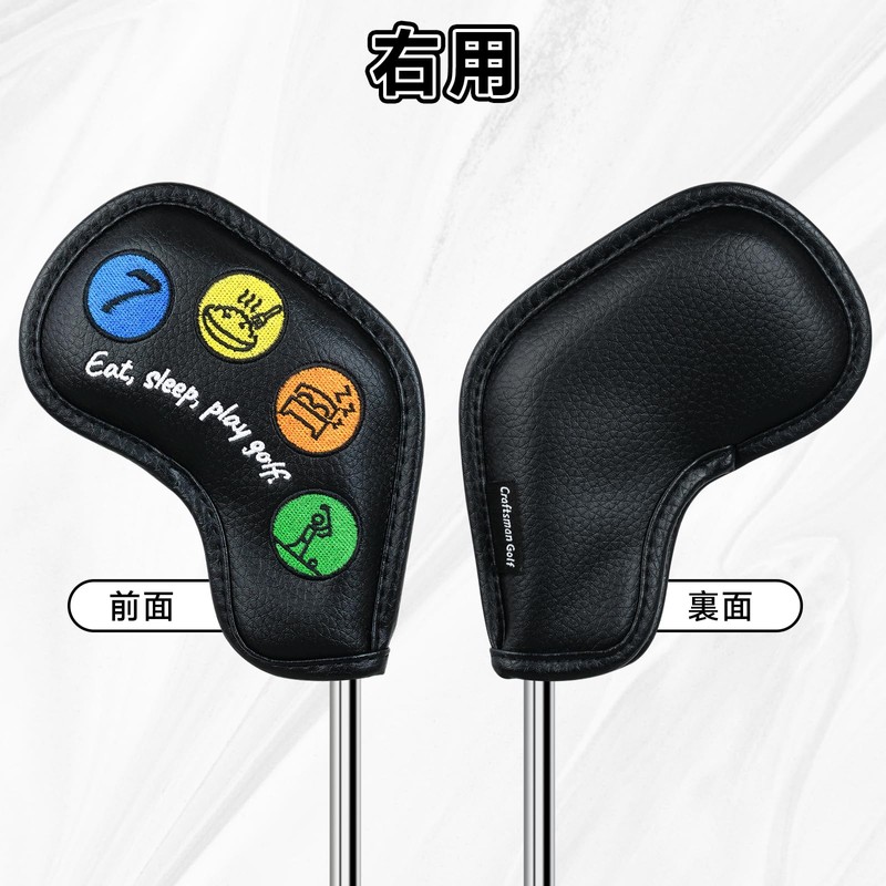ゴルフアイアンカバー マグネット ウェッジカバー クラブヘッドカバー セット 10枚(4-9,P,A,S,L) 黒い合成皮革 かわいいパターン