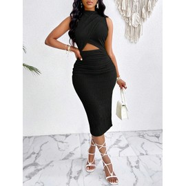 Women's 2025 Summer Dress Elegant Mock Neck Sleeveless Cocktail Party Midi Dresses Black X-Large