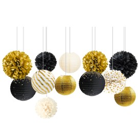 NICROLANDEE Black Gold Graduation Party Decorations,12PCS Paper Lantern Tissue Pom Poms Black and Gold Hanging Backdrop Decor for New Year Birthday Christmas Party Supplies