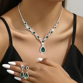 Auriselle Rhinestone Wedding Jewellery Women's 2-Piece Bridal Jewellery Sets Bridal Drop Pendant Necklace Earring Set Emerald Green Rhinestones Shiny Chains Wedding Jewellery Girls Green