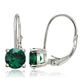 Sterling Silver Created Emerald Round Prong-Set Leverback Earrings