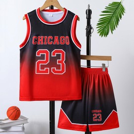Basketball Jerseys 23# For Kids Youth Sports T-shirt Jersey Boys Girls Gradient Basketball Uniform Set 6-16Years RED-150