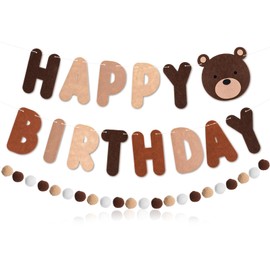 MBAIYO Bear Happy Birthday Garland Banner, Birthday Decoration Set with Vintage Bunting and Cute Pompom Garland, Brown Bear Party Decoration, Birthday Garland for Adults, Children, Girls, Women