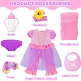 7 Pcs Piece Purple Princess Baby Doll Clothes Set for 16-18 Inch Dolls - Includes Jumpsuit Outfit and Accessories for 18 Inch Dolls (Doll not Included)