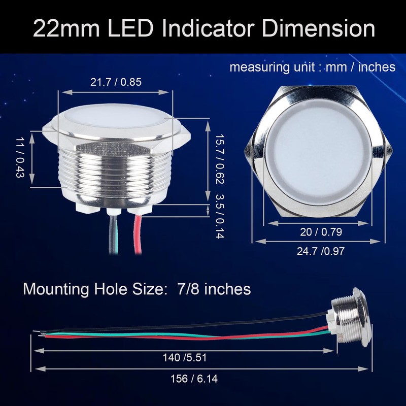 22mm 12V-24V Two Colors Metal LED Indicator Light, Waterproof Common