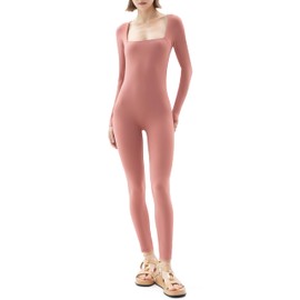 PUMIEY Women's Jumpsuit Long Sleeve Bodycon Unitard Workout Romper Leggings One Piece Outfits Peach Medium