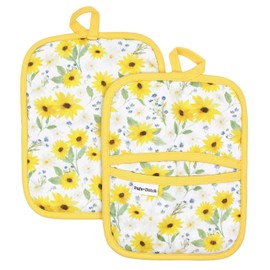 Sage+Stitch Heat Resistant Designer Pot Holders with Hand Pockets and Hanging Loops | Set of 2 100% Cotton Dual Function Kitchen Pot Holders | 7'' x 9'' | Sun Flowers