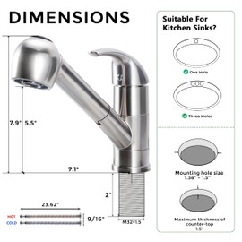 Comllen Commercial Pull Out Kitchen Faucet Brushed Nickel, Stainless Steel Single Handle Small Kitchen Sink Faucet, Single Hole Low Kitchen Faucets with Sprayer, Deck Plate