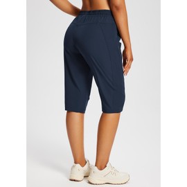 baleaf Women's 15" Long Hiking Capri Below The Knee Quick Dry Cargo Shorts UPF 50 Lightweight Zip Pocket Elastic Waist Dark Blue 2XL