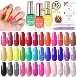 SAVILAND Juego de Esmalte de Uñas Secado Al Aire 36Pcs Rainbow Colors Kit de Esmalte de Uñas Brillo Regular Esmalte de Uñas Con Base Top Polish Coat  