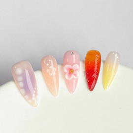 Handmade Press On Nail Gel Press on Nails Medium Almond Bouquet Love Romantic Cherry Blossom Flase Nails Reusable Stick on Nails 10pcs/Set (Flower, S)
