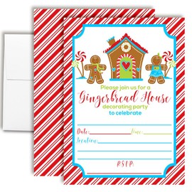 Amanda Creation Christmas Invitations with Envelopes – Gingerbread House Decorating, 16 Pack 5x7 Double Sided Fill-In Invite Cards with Sixteen White Envelopes Perfect for Christmas Birthday Parties