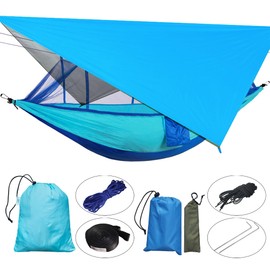 Happy Camper Camping Hammock for Camping Outdoor Adventures Backpacking or Travel with Rain Fly and Mosquito Net, Lightweight & Portable - Up to 400lbs (Light Blue/Blue, Single)