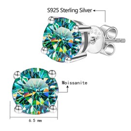 Green Moissanite Stud Earrings 2ct D Color VVS1 Clarity Solitaire Round Cut Moissanite Earrings 18K Gold Plated S925 Sterling Silver Moissanite Jewelry for Women