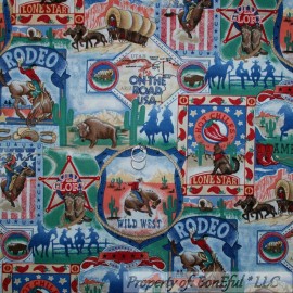 Signature BonEful Fabric FQ Cotton Quilt Scenic Rodeo Horse Star Wagon Texas Farm Country