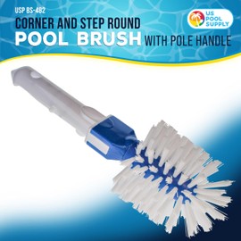 U.S. Pool Supply Corner and Step Round Pool Brush with Pole Handle - Strong Nylon Bristles Scrub and Clean Corners, Steps, Stairs, Spa Jets - Remove Debris, Connect 1-1/4" Poles, Safe for Vinyl Liners