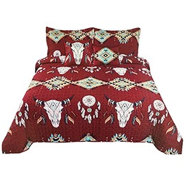 Western Peak 5 Piece Bull Skull Native Tribal Feather Artisan Southwestern Boho Design Quilt Bedding Set with Shams and Decorative Pillows (Red, King)