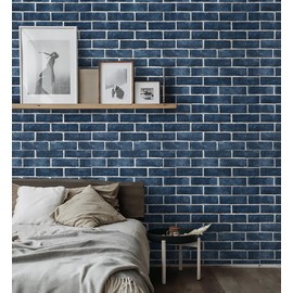 HeloHo 17.7" X 394" Blue Brick Wallpaper Peel and Stick Self-Adhesive Removable 3D Textured Wall Paper for Kitchen Backsplash Living Room Bedroom Decor