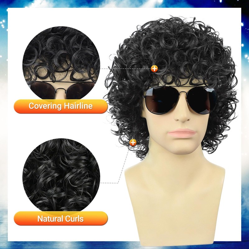 YTbeauty Black Men Wig + Glasses for Disco Costume Heat